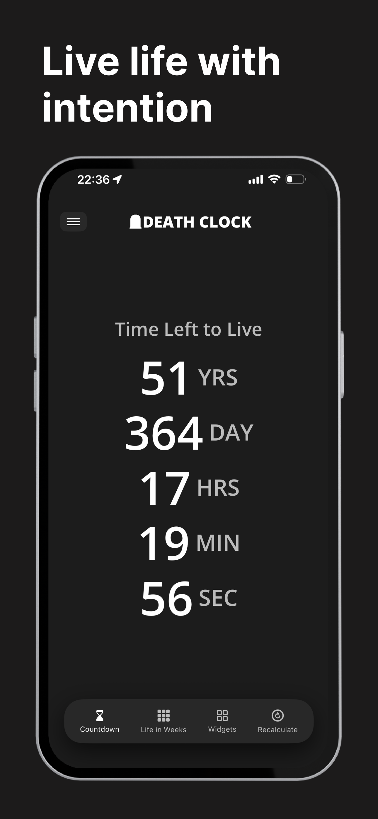Death Clock countdown showing time left to live